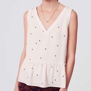 Loft White V-Neck Peplum Pink Dot Flowers Top Sleeveless Spring